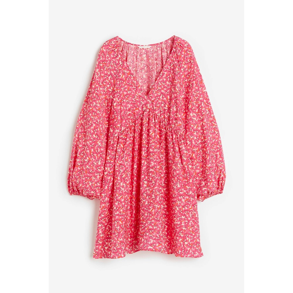 H&M Short A-Line‎ Pink White Floral V-Neck Dress XS Balloon Sleeves Boho Casual